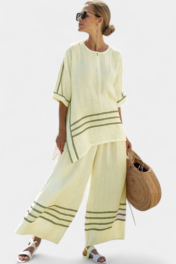 Talia | Sophisticated Striped Asymmetrical Top & Bold Pants