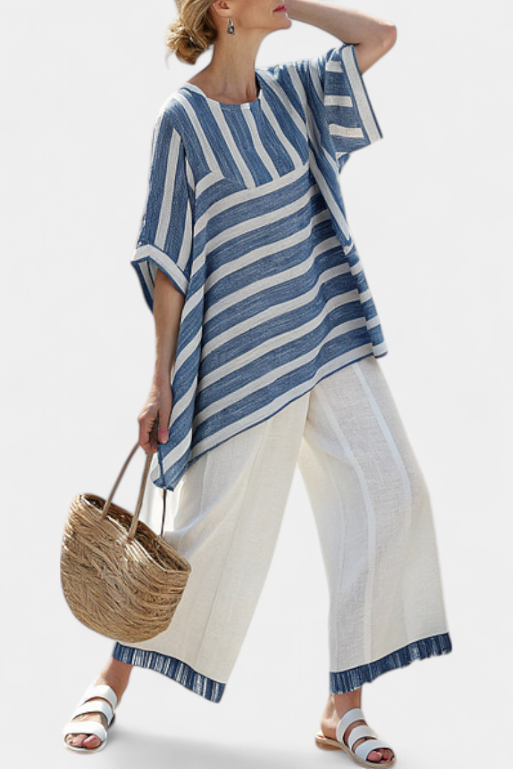 Talia | Sophisticated Blue Striped Top & Hem-Detailed Pants
