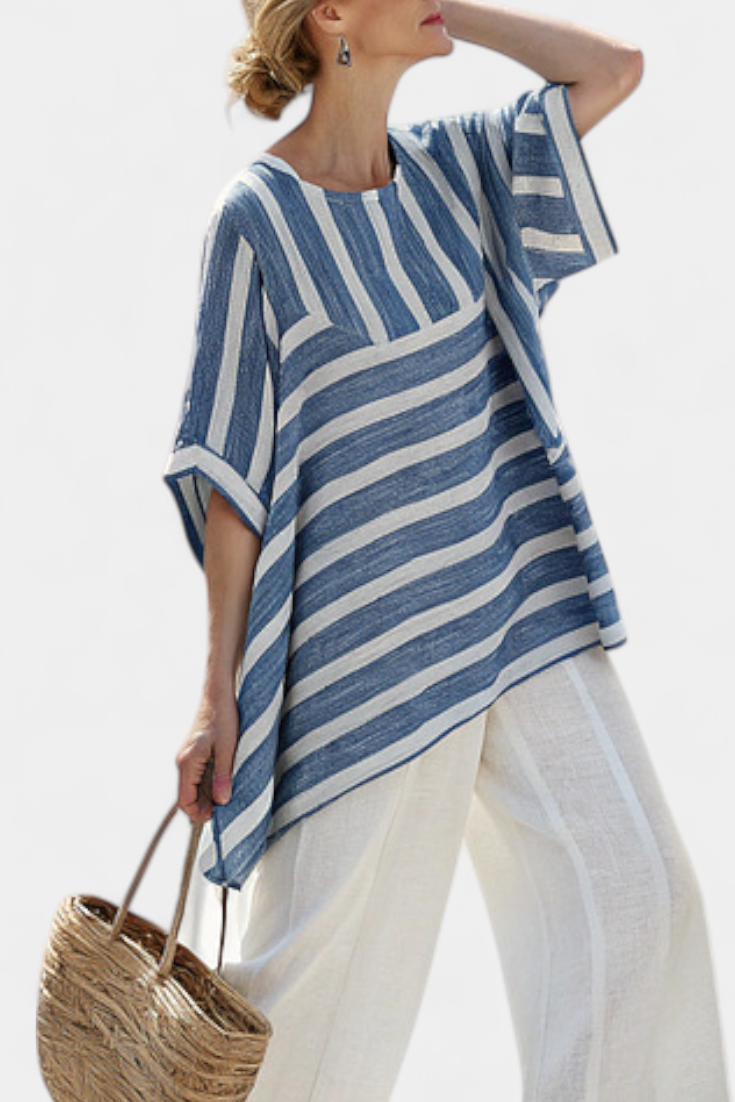 Talia | Sophisticated Blue Striped Top & Hem-Detailed Pants