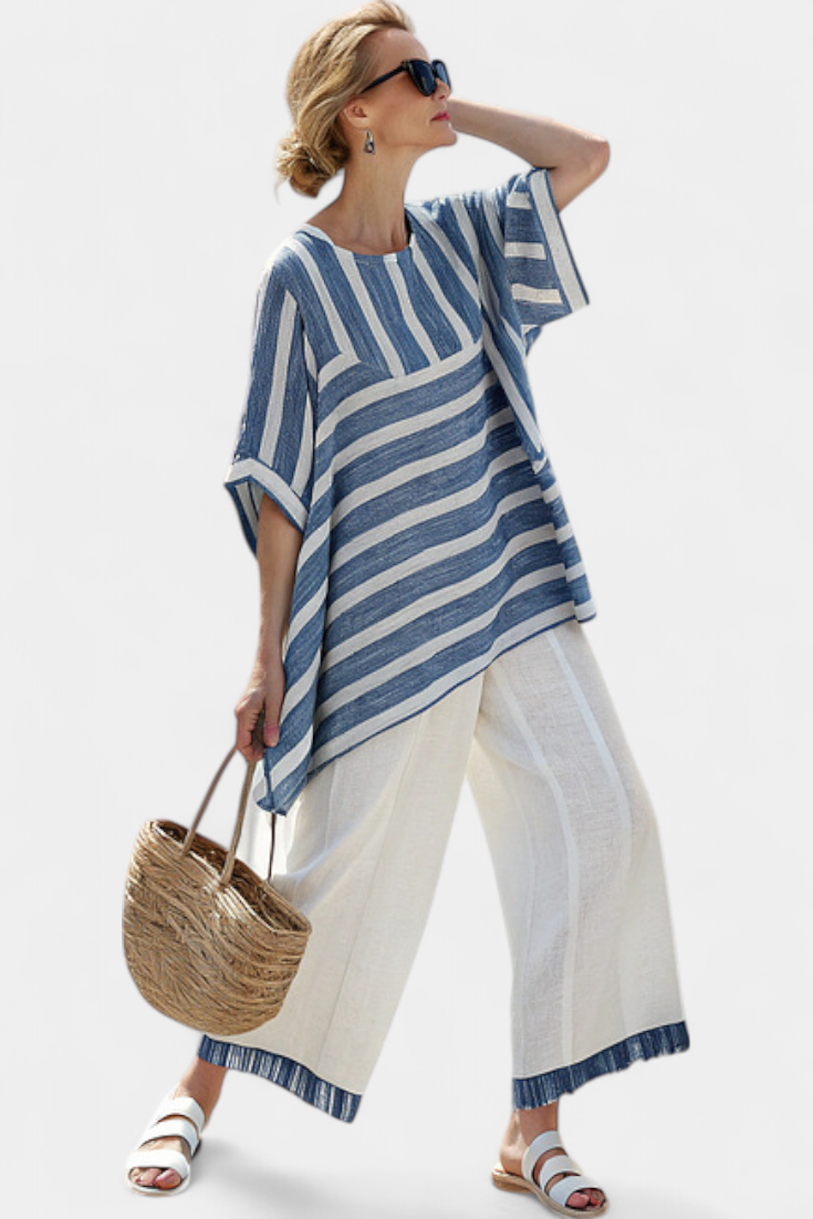 Talia | Sophisticated Blue Striped Top & Hem-Detailed Pants