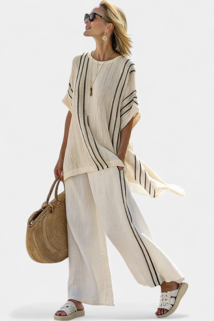 Talia | Elegant Ivory Linen Blouse & Black Striped Pants