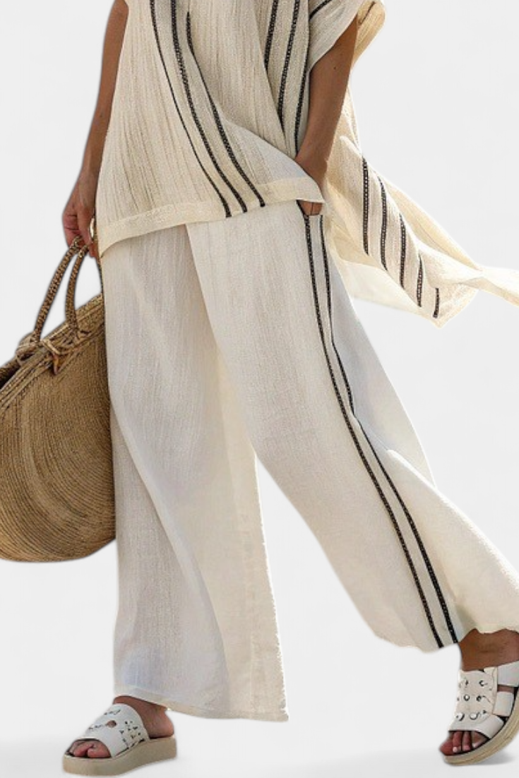 Talia | Elegant Ivory Linen Blouse & Black Striped Pants