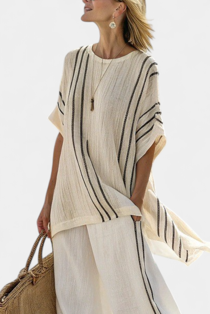 Talia | Elegant Ivory Linen Blouse & Black Striped Pants