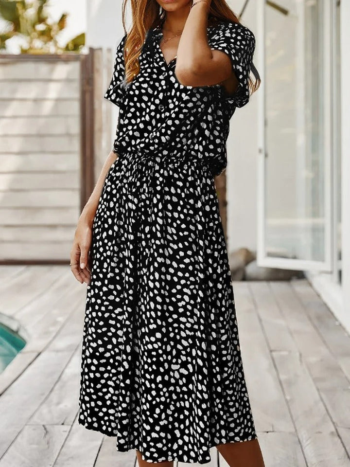 Talia | Soft-Spotted Button-Up Midi Dress