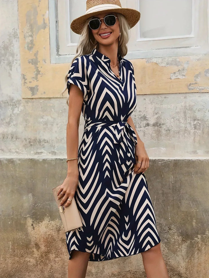 Talia | Geometric Pattern Dress with Waist Knot