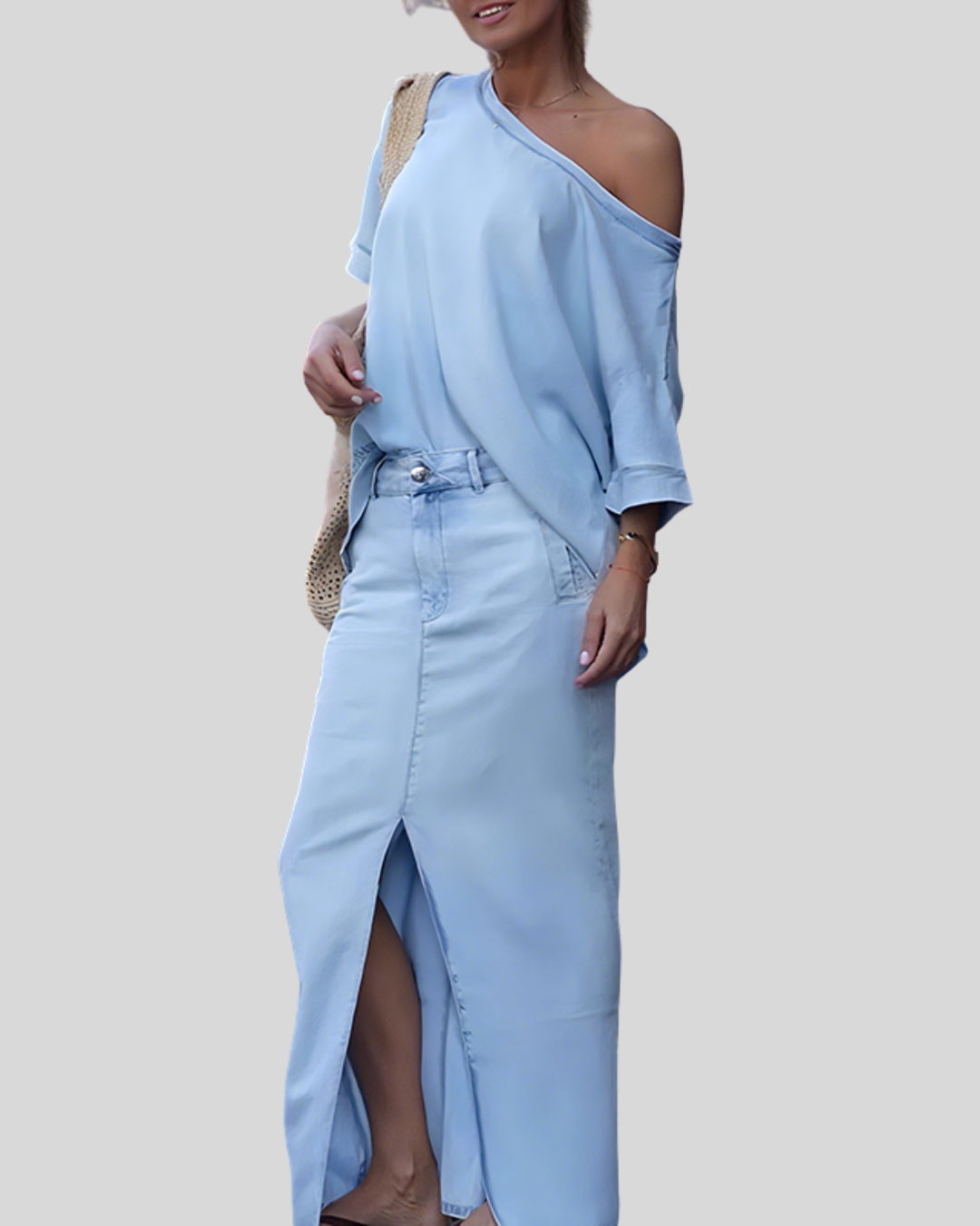 Talia | Asymmetric Shoulder Top & Split Denim Skirt Set