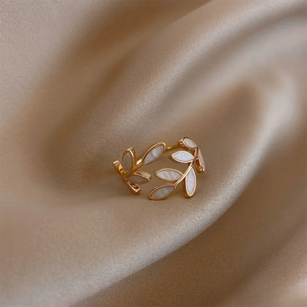 Talia | Adjustable Gold Ring with White Opal Leaf