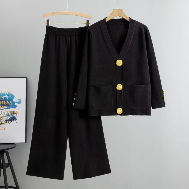 Talia | Metal Button Wool Sweater Pants Suit