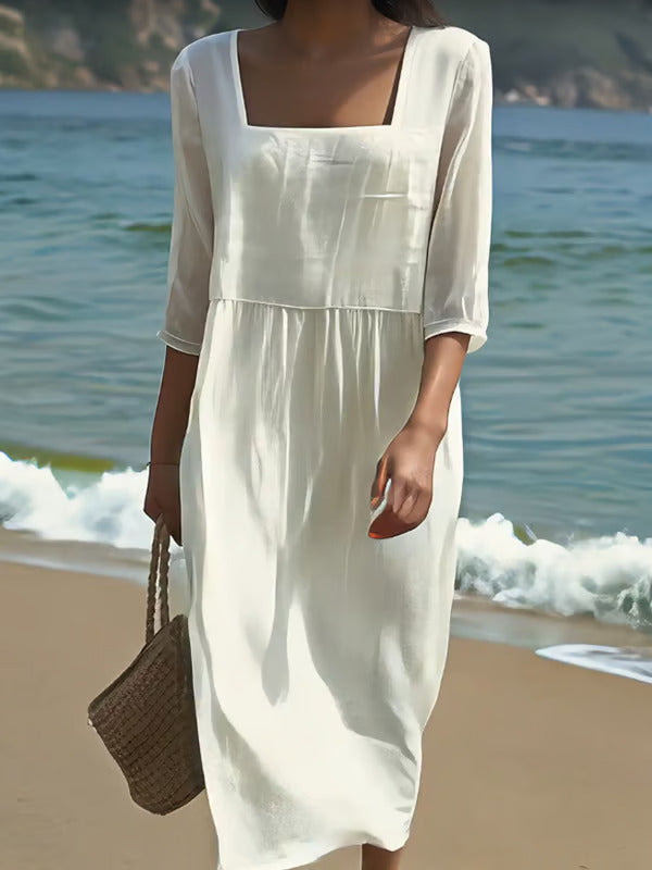 Talia | Square Neck Linen Midi Dress
