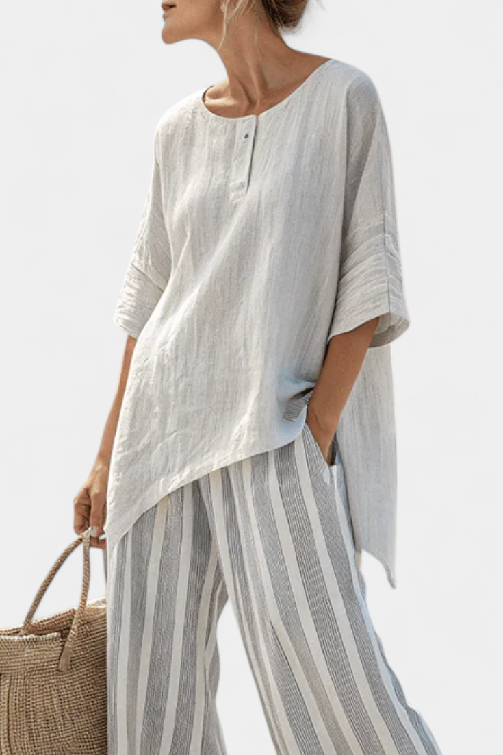 Talia | Elegant Asymmetrical Blouse & Striped Pants