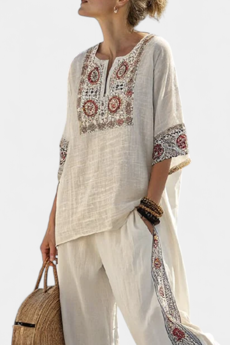 Talia | Sophisticated Embroidered Raw Blouse & Wide Pants