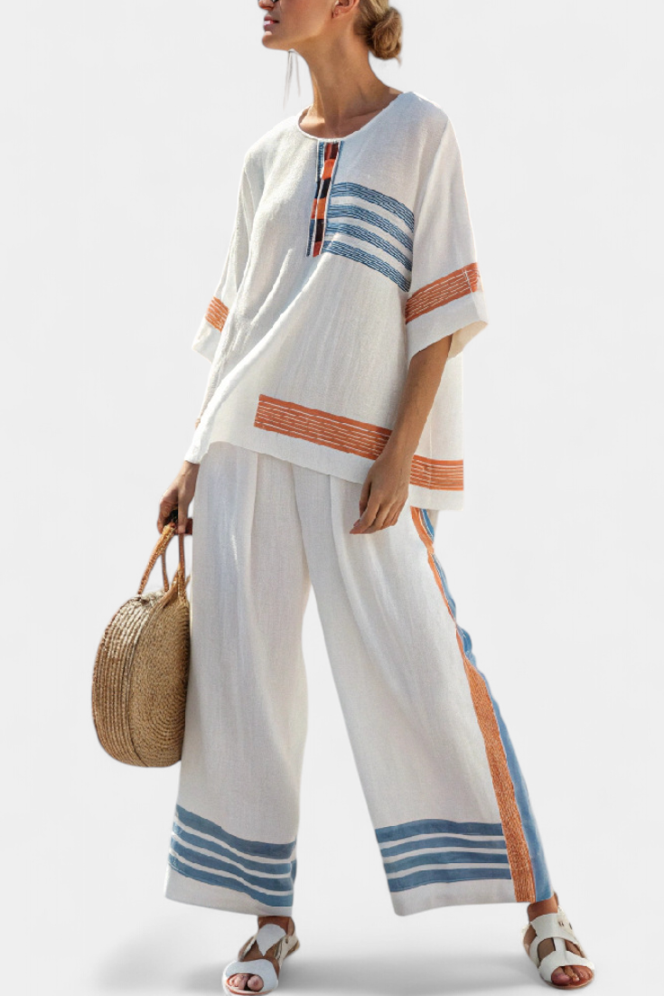 Talia | Sophisticated Blue-Orange Striped Top & Pants