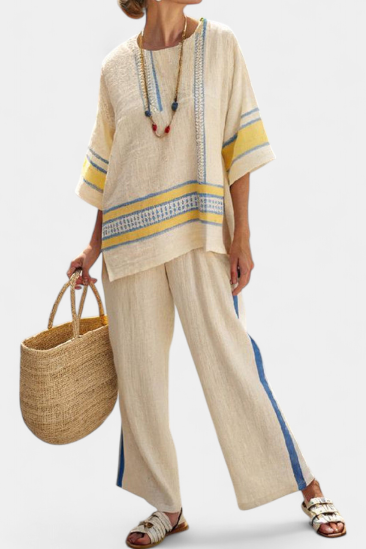 Talia | Comfortable Blue-Yellow Mediterranean Top & Linen Pants