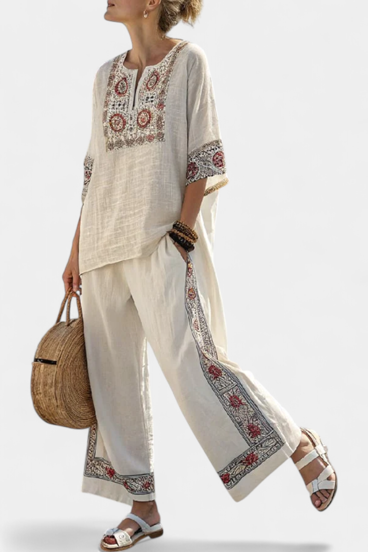Talia | Sophisticated Embroidered Raw Blouse & Wide Pants