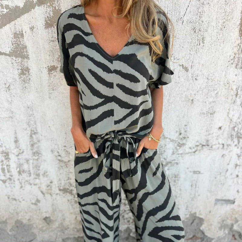 Talia | Zebra Print V-Neck Top and Pants
