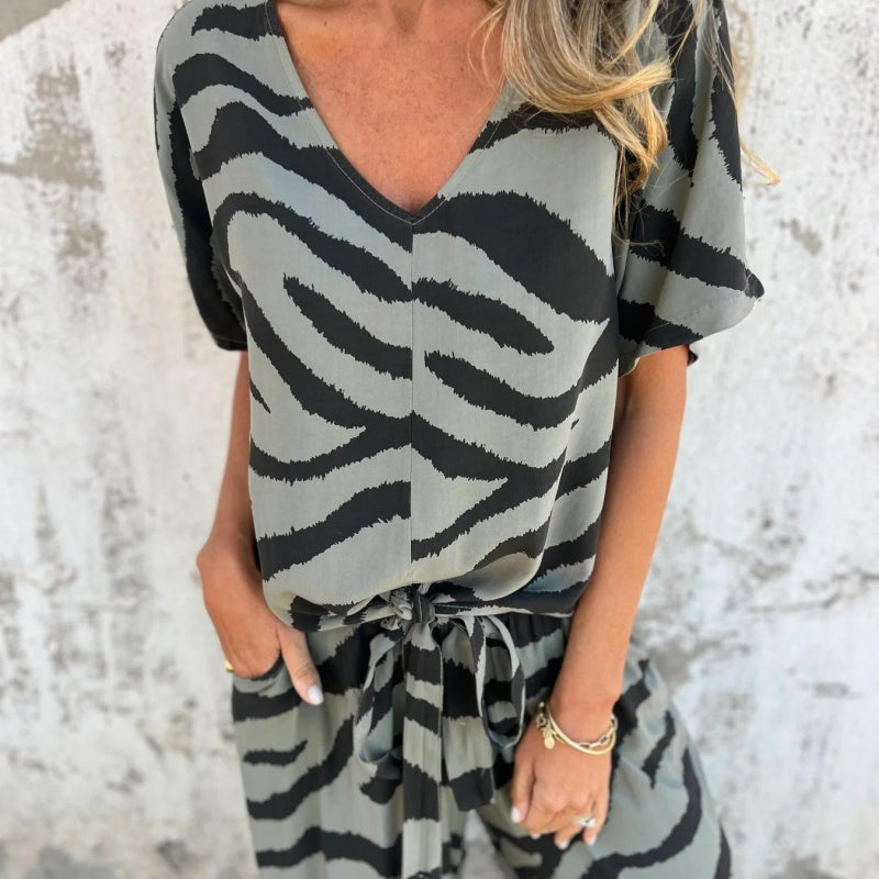 Talia | Zebra Print V-Neck Top and Pants