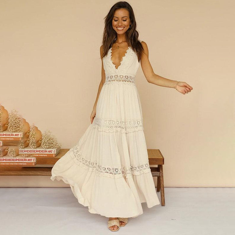 Talia | Lace Back Maxi Dress with V-Neck